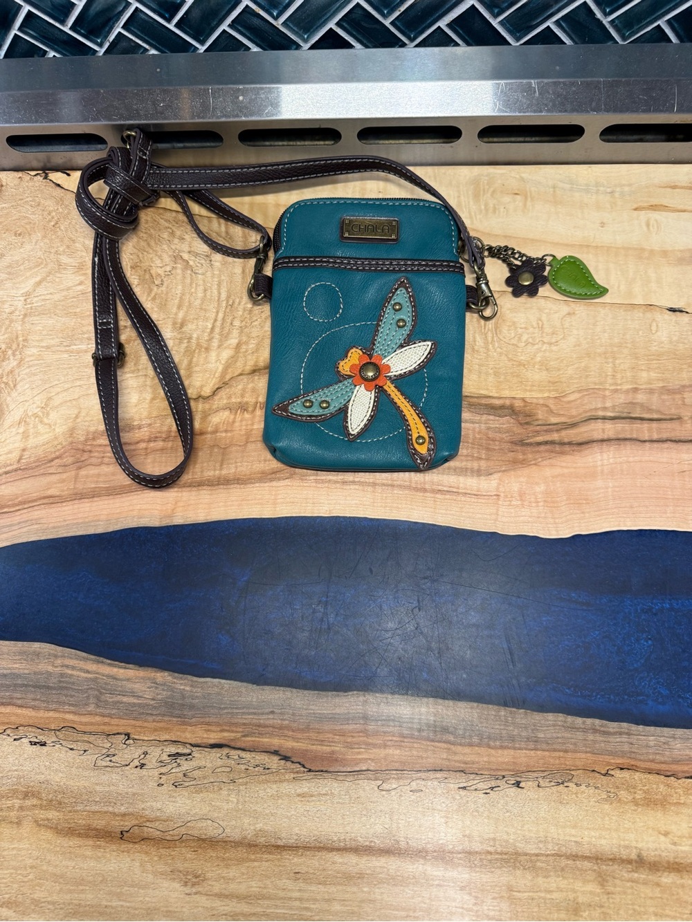 Chala Teal Crossbody Phone Pouch with Dragonfly Applique